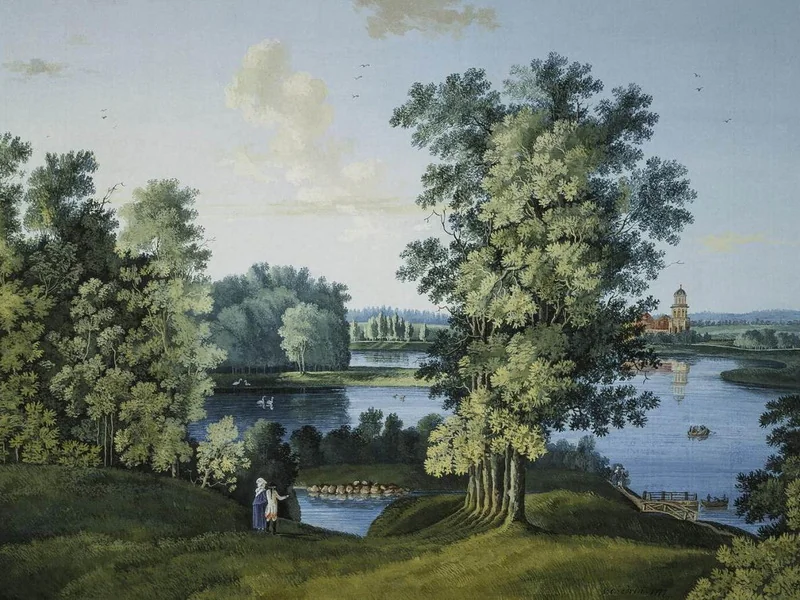 1745-Semyon Fyodorovich Shchedrin - Vista del grande stagno nel parco di Tsarskoye Selo